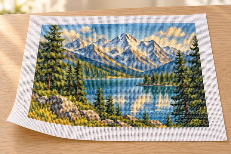 Alpská krajina na tištěné vyšívací látce, volný bílý okraj. Ilustrační obrázek.