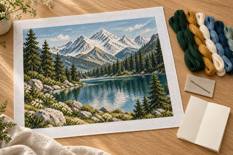 Předtištěná krajina na vyšívacím plátně, vybrané nitě a jehla. Ilustrační obrázek.