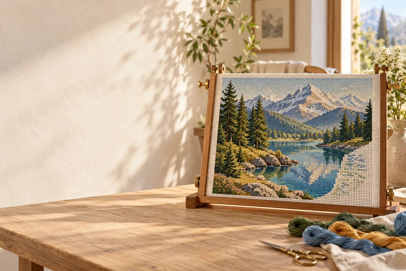 Gobelin zobrazující alpskou krajinu na čtvercovém rámu, s nitěmi, v slunečném ateliéru. Atmosférická ilustrace.