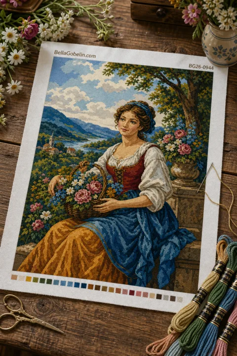 Dívka s květinovým košem u jezera