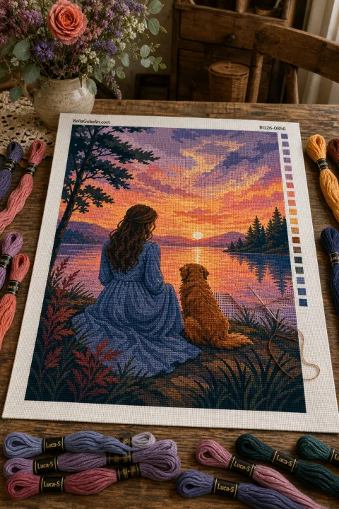 Vzor gobelínu s západem slunce u jezera