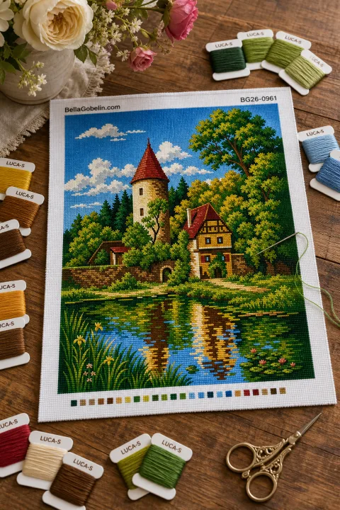 Hradní věž na břehu jezera