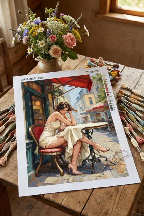 Pařížská kavárna s romantickou ženou