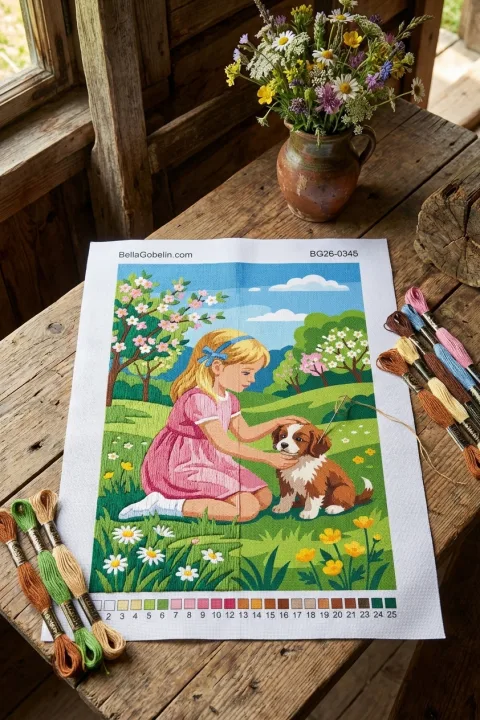 Dívka se psem v jarní krajině