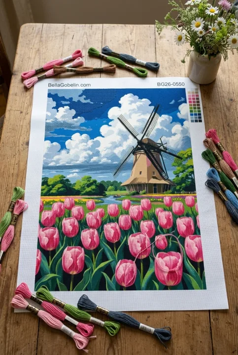 Holandský větrný mlýn s tulipánovým polem