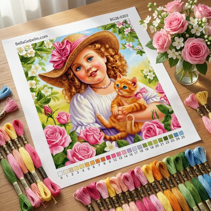 Dívka, kočka a růže.