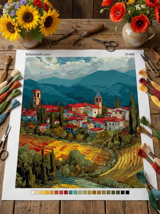 Italská krajina ve stylu Van Goghova obrazu