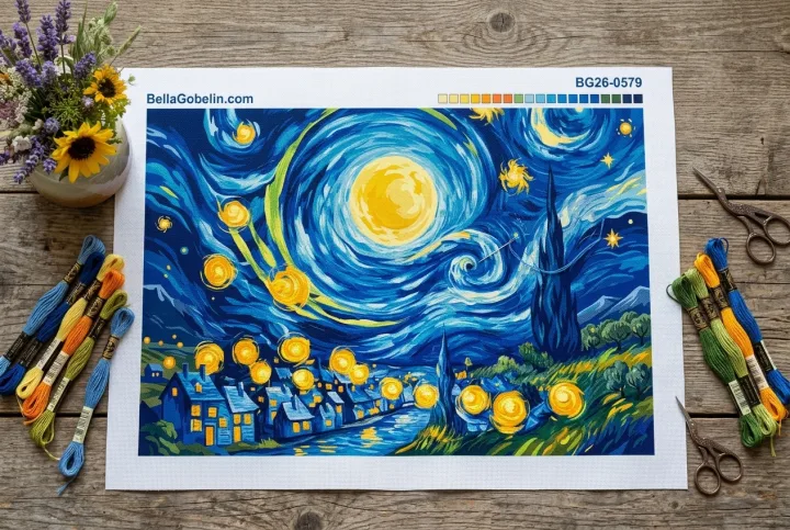Vincent van Gogh - Hvězdná noc replika (vyšívaný gobelín)