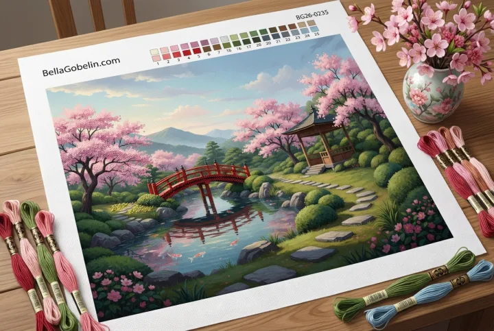 Japonská zahrada s květy třešní