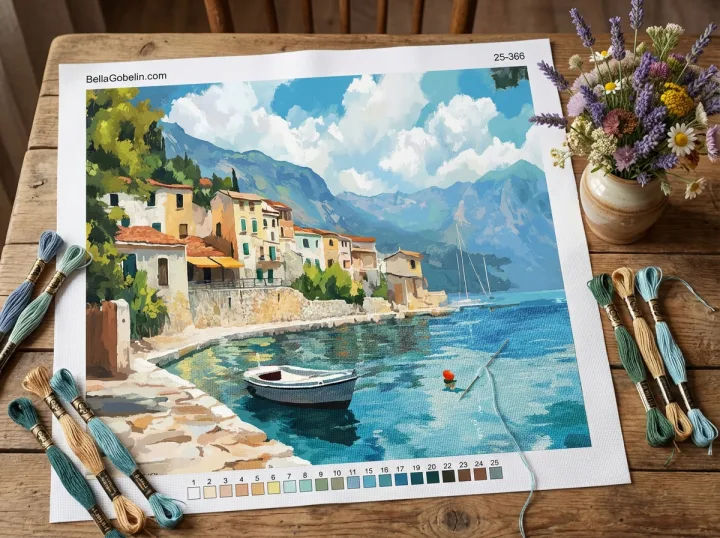 Mediterránní zátoka s loďkou