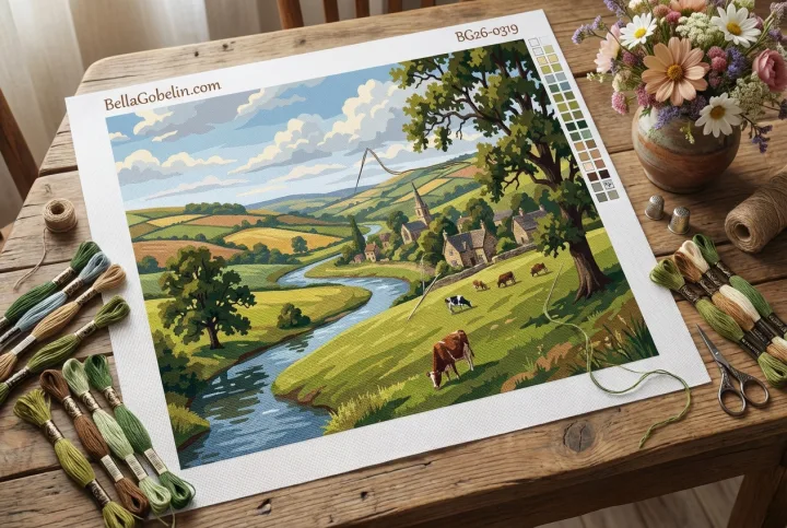Anglická venkovská krajina s řekou