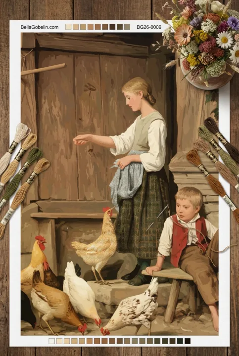 Albert Anker - Krmení kuřat dětskou repliku