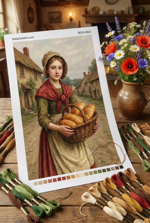 Dívka s chlebem na venkovské scéně