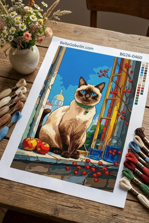 Siamská kočka v gobelínu