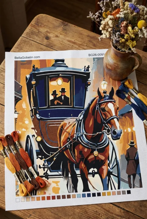 Pařížská ulice s koněm v gobelínu