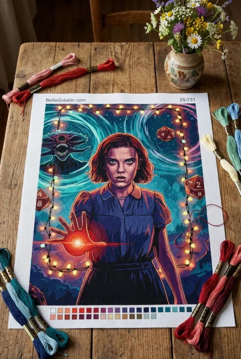 Stranger Things - portrét Eleven na gobelínu