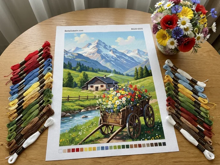 Alpská krajina s květinovým vozíkem – BG26-0225