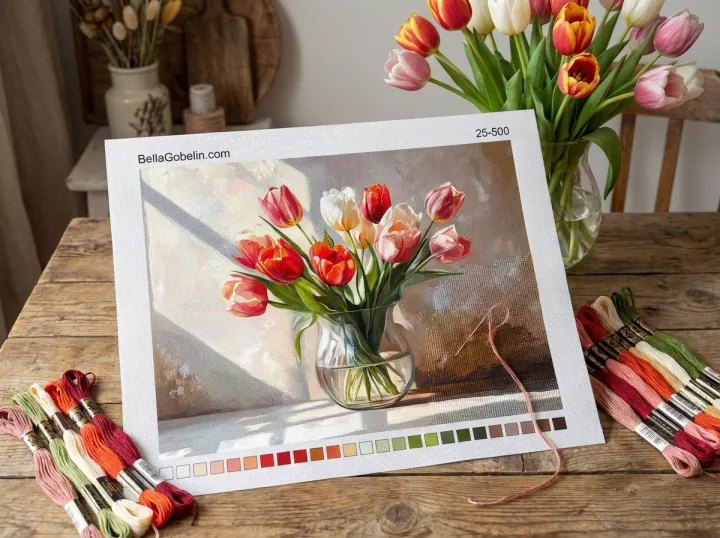 Kytice tulipánů ve skleněné váze