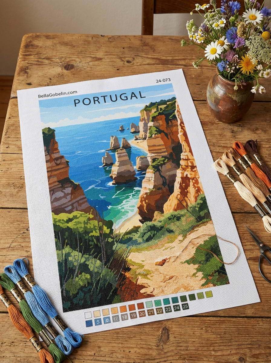 Portugalská pobřeží s gobelínovou výšivkou