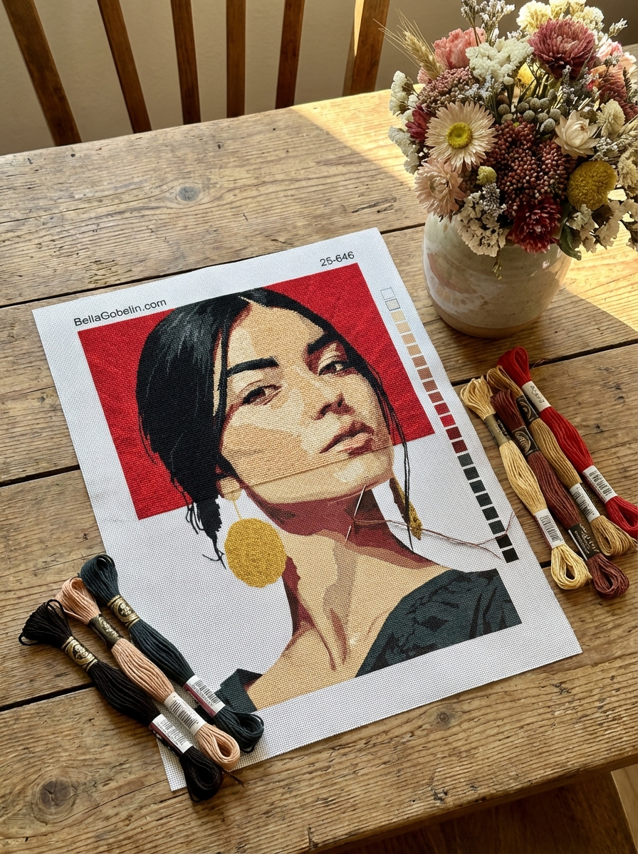 Portrét mexické dívky ve šití gobelínu