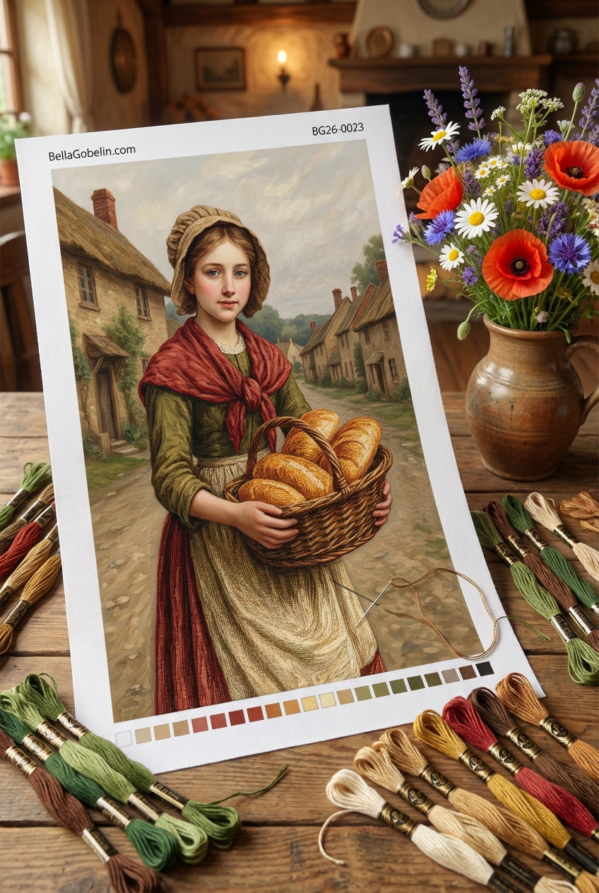 Dívka s chlebem na venkovské scéně