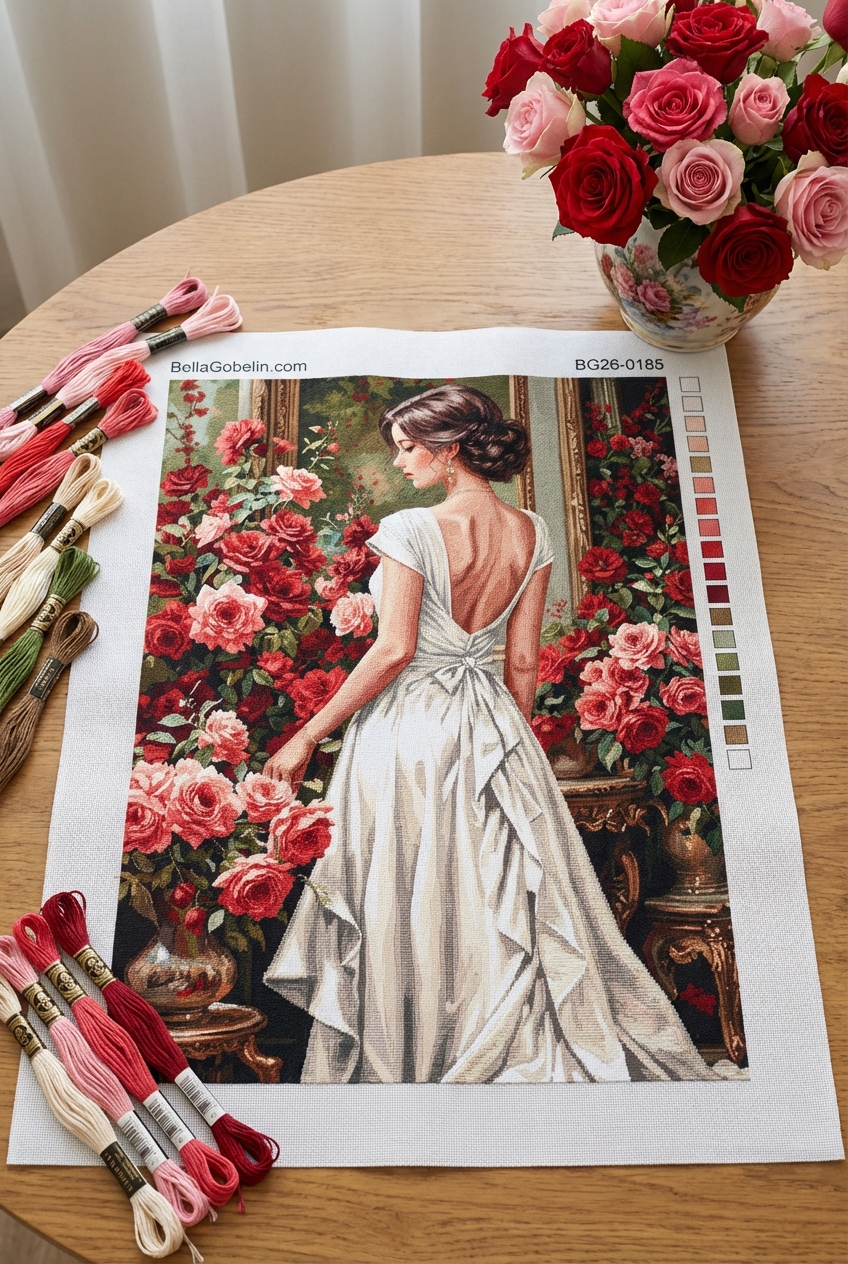 Žena v bílých šatech s růžemi – BG26-0185