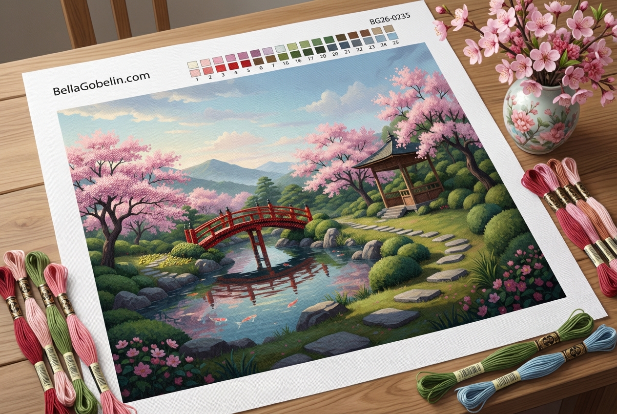 Japonská zahrada s květy třešní