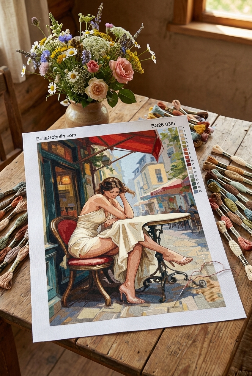 Pařížská kavárna s romantickou ženou