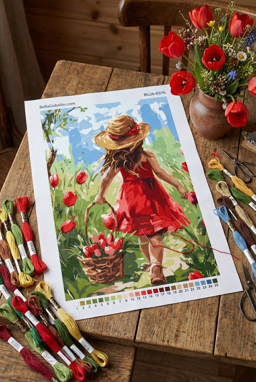 Dívka s tulipány na louce