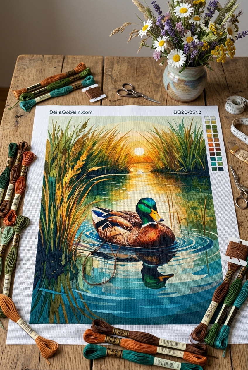 Kachna na rybníku při západu slunce
