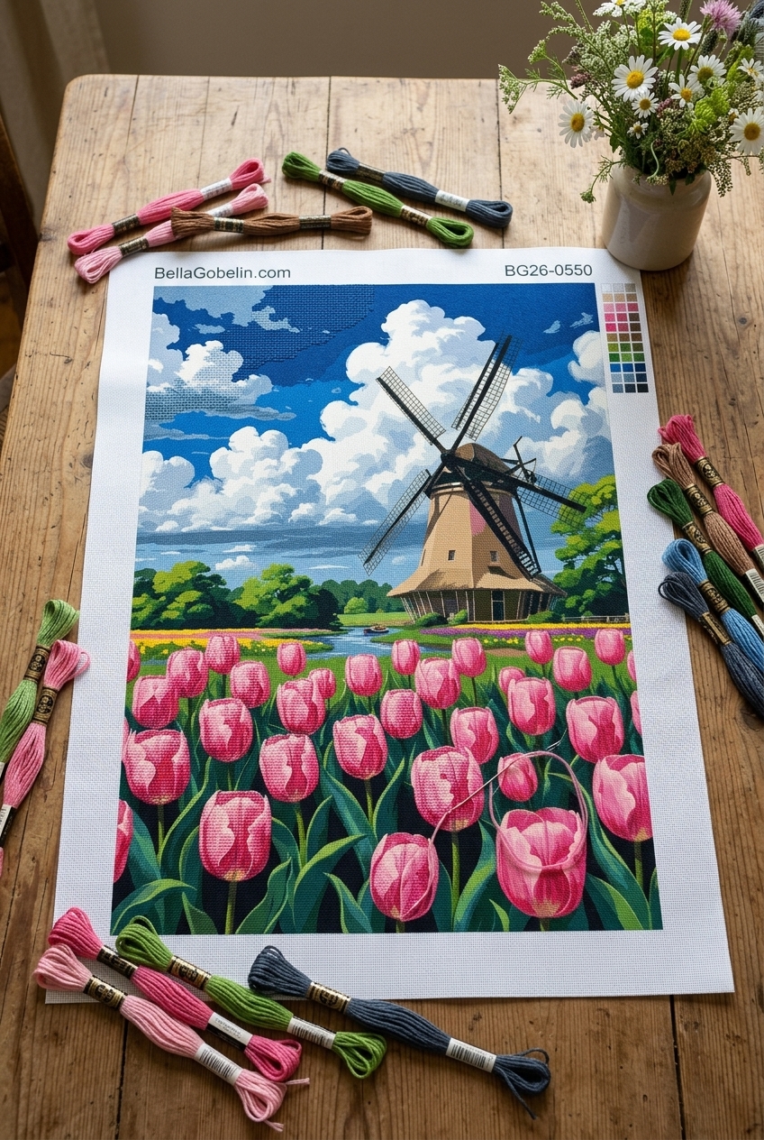 Holandský větrný mlýn s tulipánovým polem