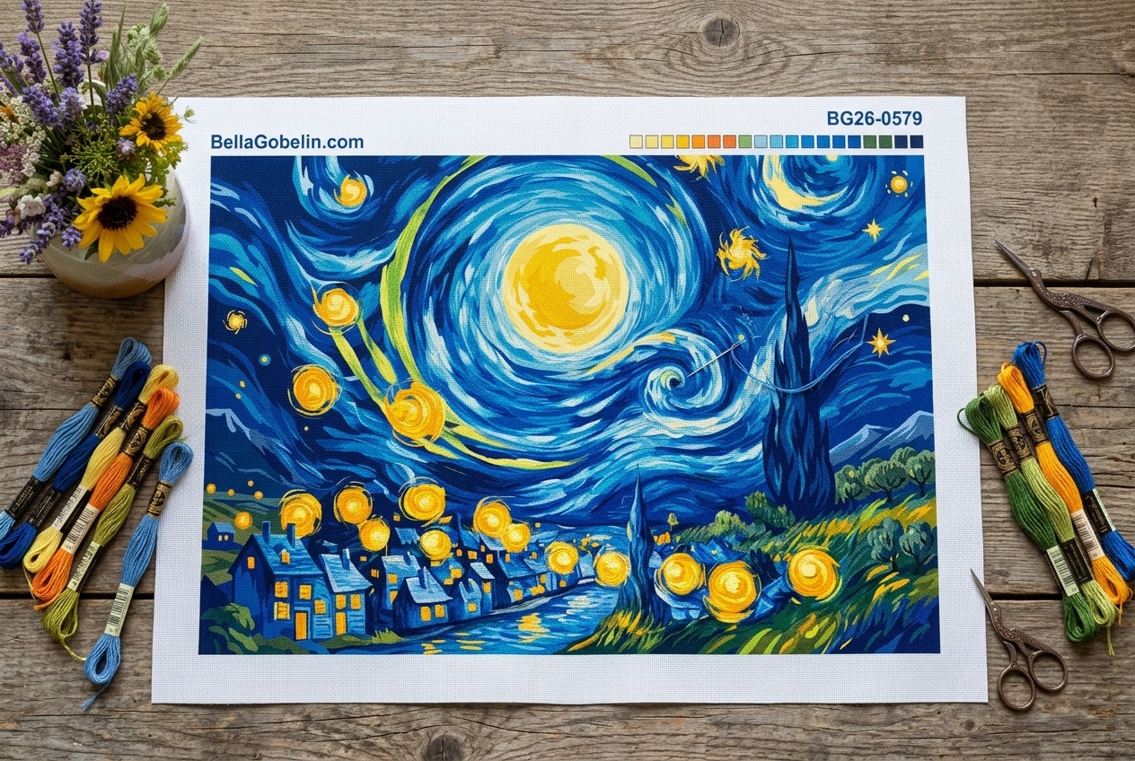 Vincent van Gogh - Hvězdná noc replika (vyšívaný gobelín)