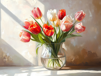 Kytice tulipánů ve skleněné váze