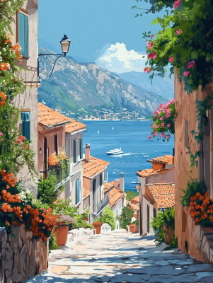 Středomořská ulice s výhledem na moře a květinami
