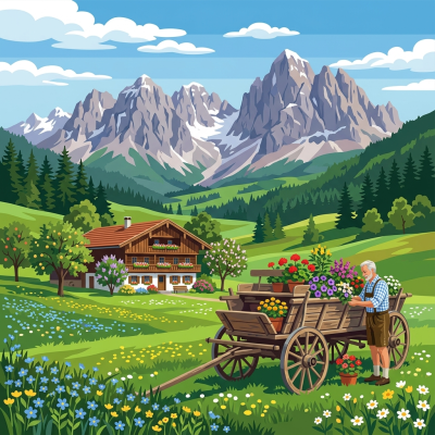 Alpská krajina s květinovým vozíkem – BG26-0587
