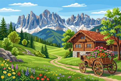 Alpská krajina s květinovým vozíkem – BG26-0588
