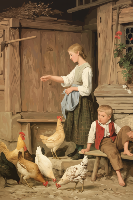Albert Anker - Krmení kuřat dětskou repliku