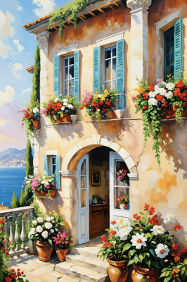 Mediterránský dům s květinami