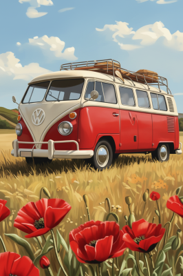 VW bus v poli makových květinách