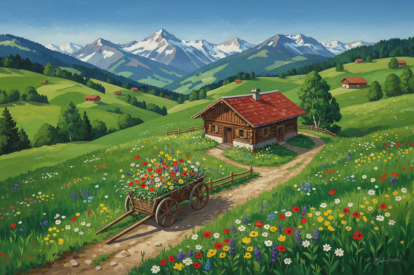 Alpská krajina s květinovým vozíkem – BG26-0226