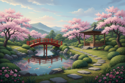 Japonská zahrada s květy třešní