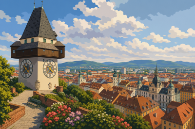 Panorama hodinové věže v Grazu