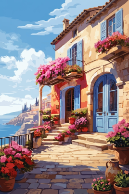 Středomořský dům u moře s květinami (vyšívaný gobelín)