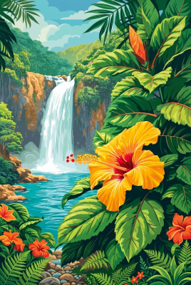 Trópusi vízesés hibiszkuszokkal (gobelín)