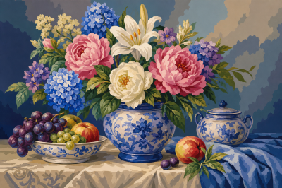 Květinová zátiší s modrým porcelánem