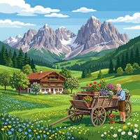 Alpská krajina s květinovým vozíkem – BG26-0587