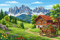 Alpská krajina s květinovým vozíkem – BG26-0588
