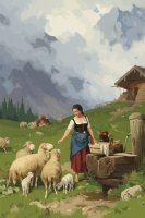 Alpínská krajina s krajkovou ženou