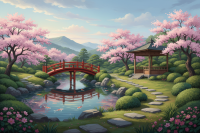 Japonská zahrada s květy třešní