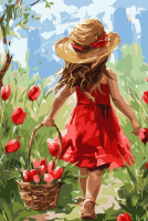 Dívka s tulipány na louce